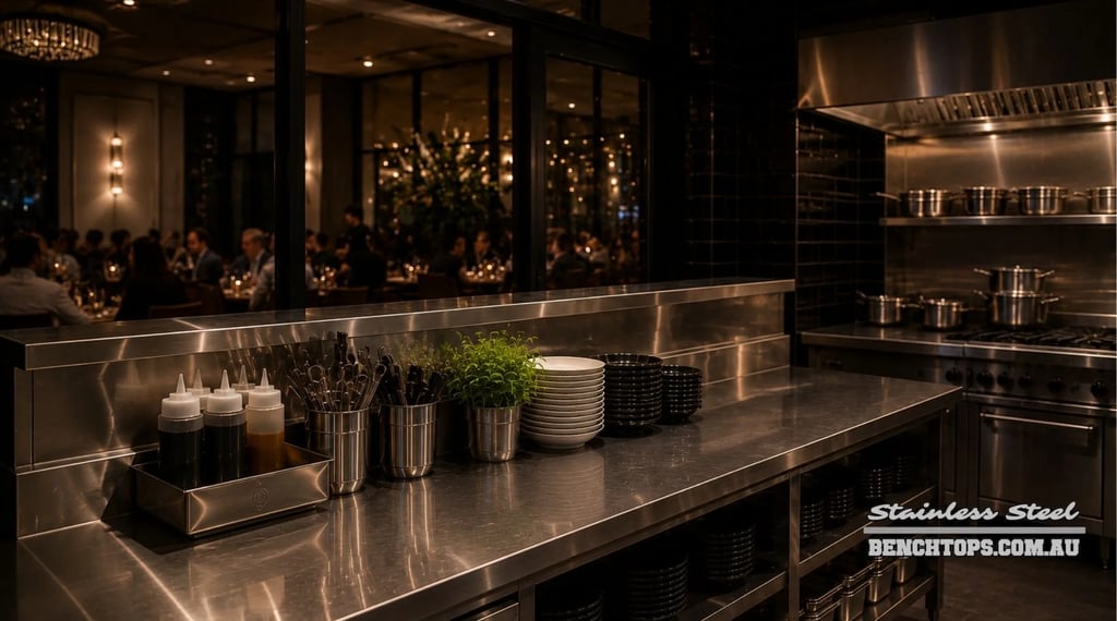 Heavy-duty kitchen pass station featuring a premium stainless steel bench Subiaco.