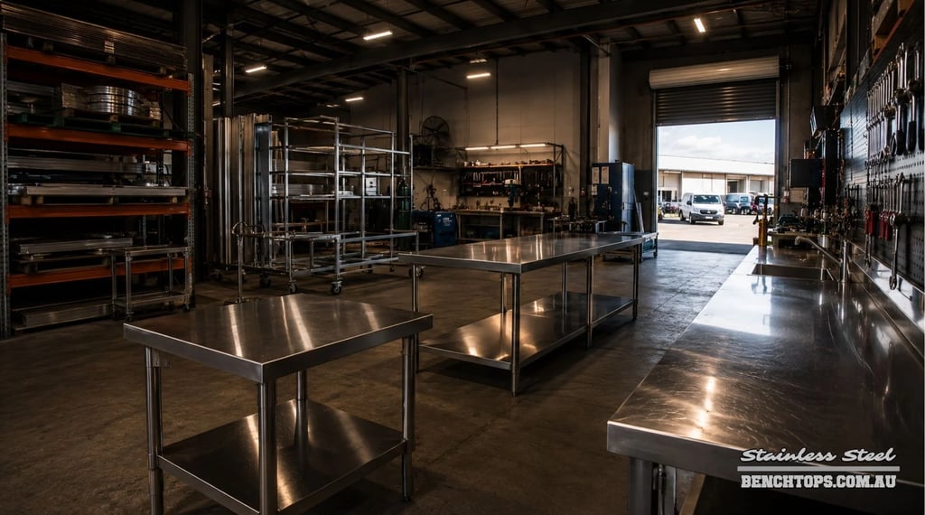 Commercial kitchen tables and stainless steel bench Edwardstown inside a factory.