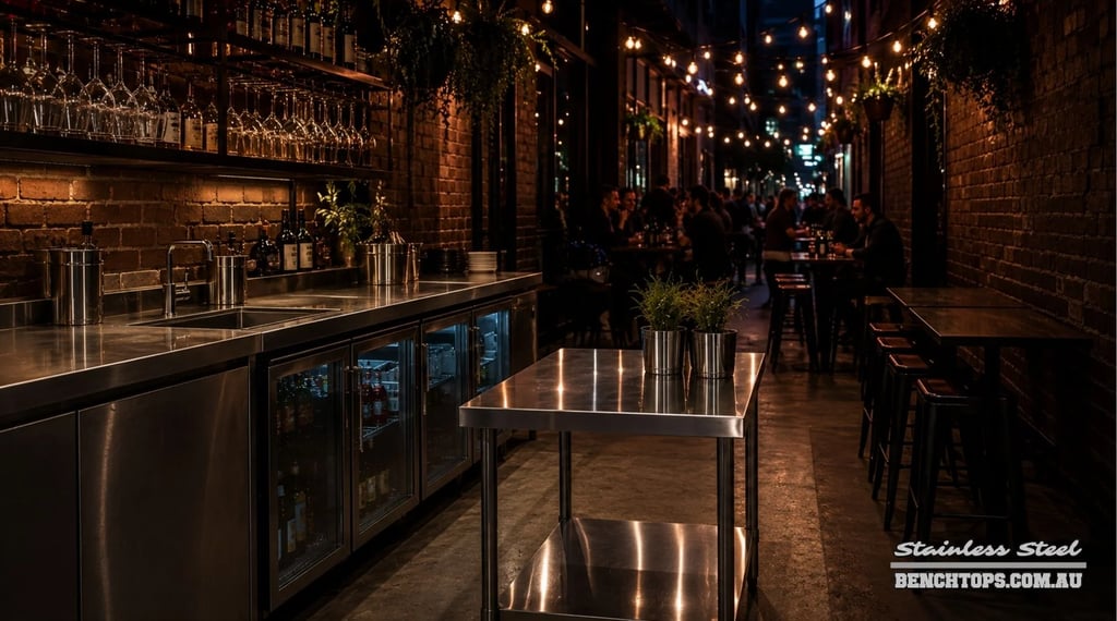 Professional restaurant prep area with a heavy-duty stainless steel bench Adelaide CBD.