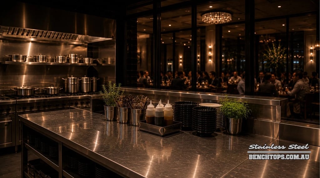 Professional service counter and stainless steel bench Subiaco overlooking an upscale dining room.