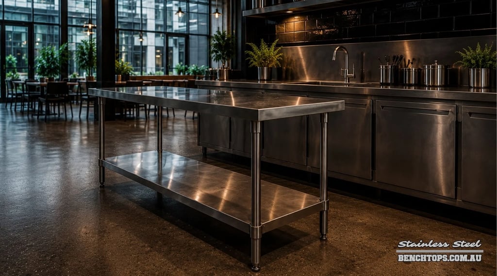 Custom stainless steel bench Alexandria standing in a spacious restaurant prep zone.