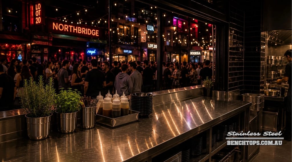 Commercial service station and stainless steel bench Northbridge overlooking a busy nightlife street.