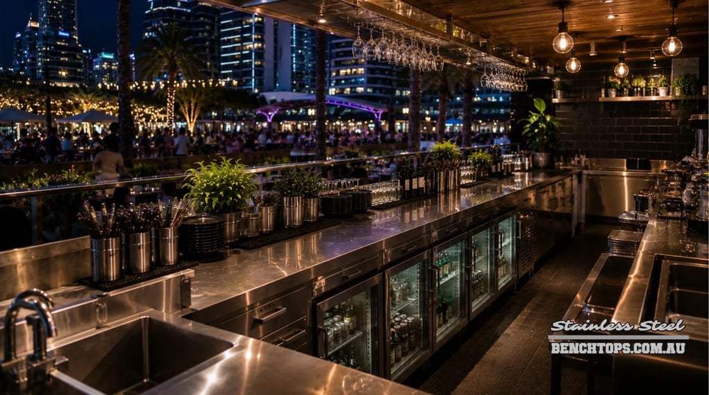 Commercial under-bench fridge line and durable stainless steel bench Broadbeach.