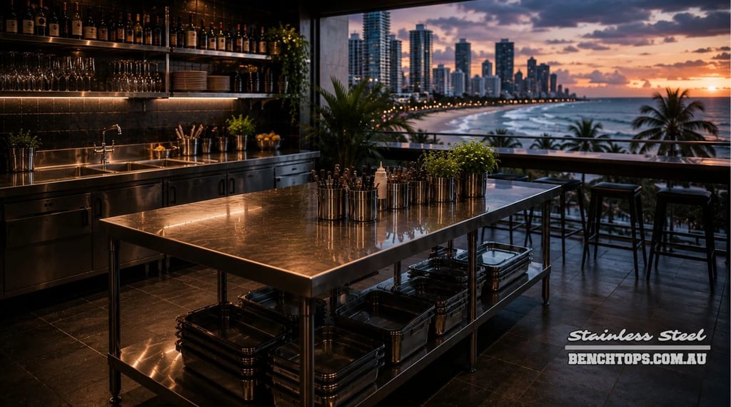Heavy-duty restaurant food prep station featuring a stainless steel bench Surfers Paradise.
