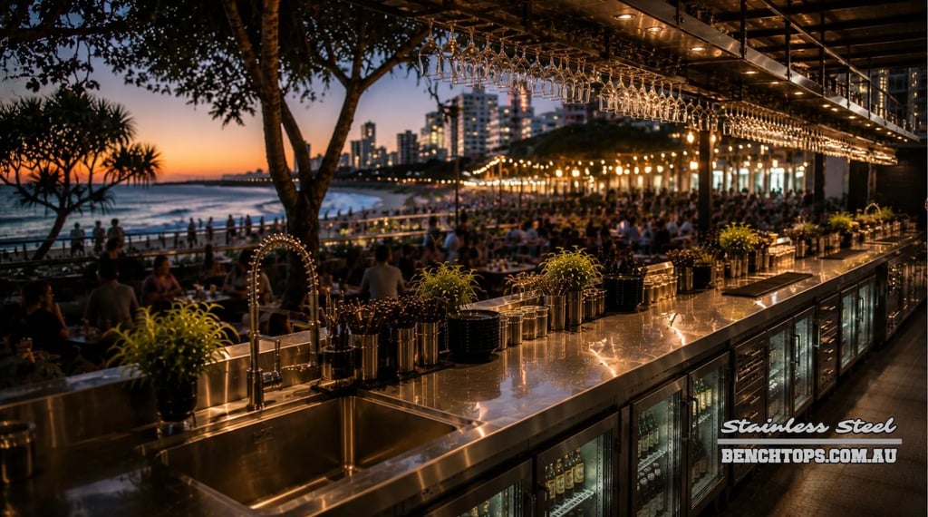 Commercial under-bench fridge line and durable stainless steel bench Coolangatta at dusk.