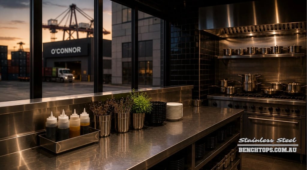 Commercial kitchen prep space and durable stainless steel bench O'Connor.