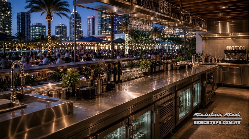 Premium commercial bar counter and stainless steel bench Broadbeach at night.