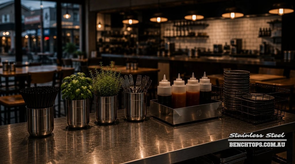 Restaurant serving counter showcasing a premium stainless steel benchtop Dickson.