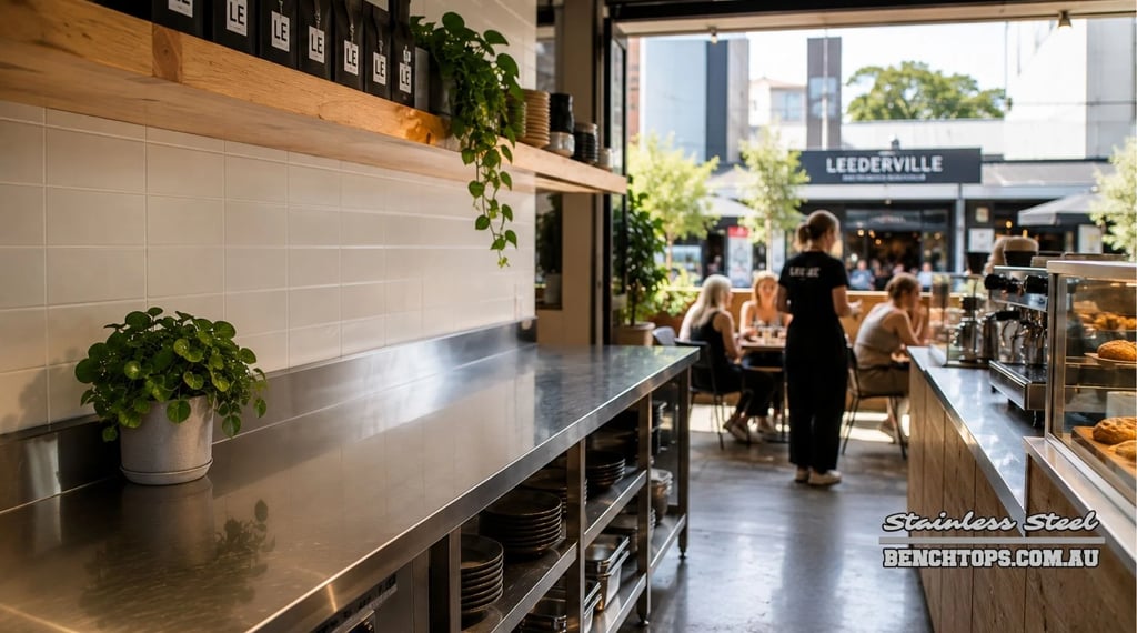 Commercial kitchen prep bench and durable stainless steel bench Leederville inside a café.
