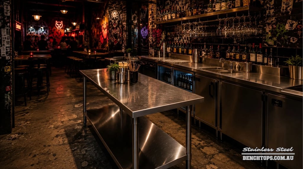 Professional cocktail station featuring a durable stainless steel bench Newtown.