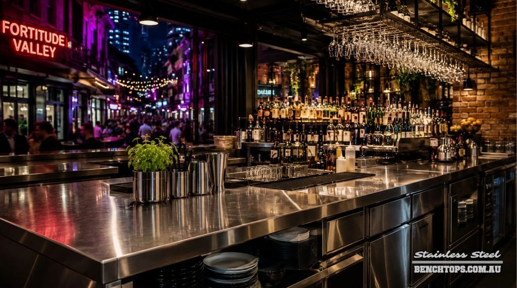 Commercial bar fit-out featuring a custom stainless steel bench Fortitude Valley.