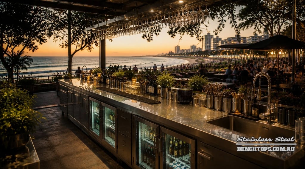 Premium commercial bar counter and stainless steel bench Coolangatta overlooking the ocean.
