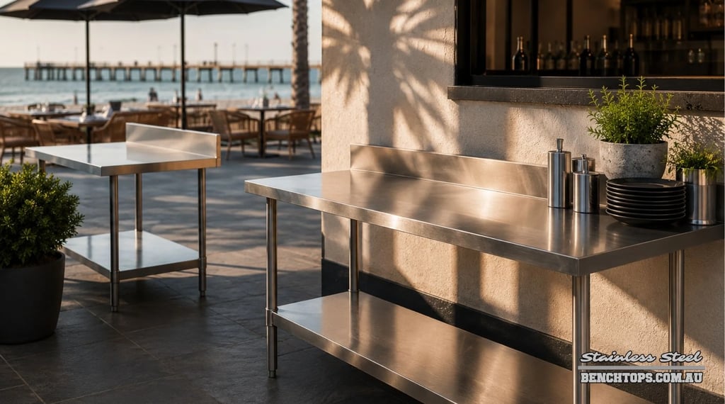 Commercial kitchen work tables and a stainless steel bench Glenelg near the beach.