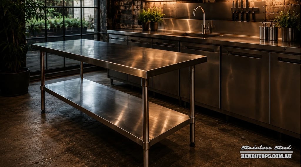 Stainless steel bench Marrickville standing in a modern restaurant prep area.