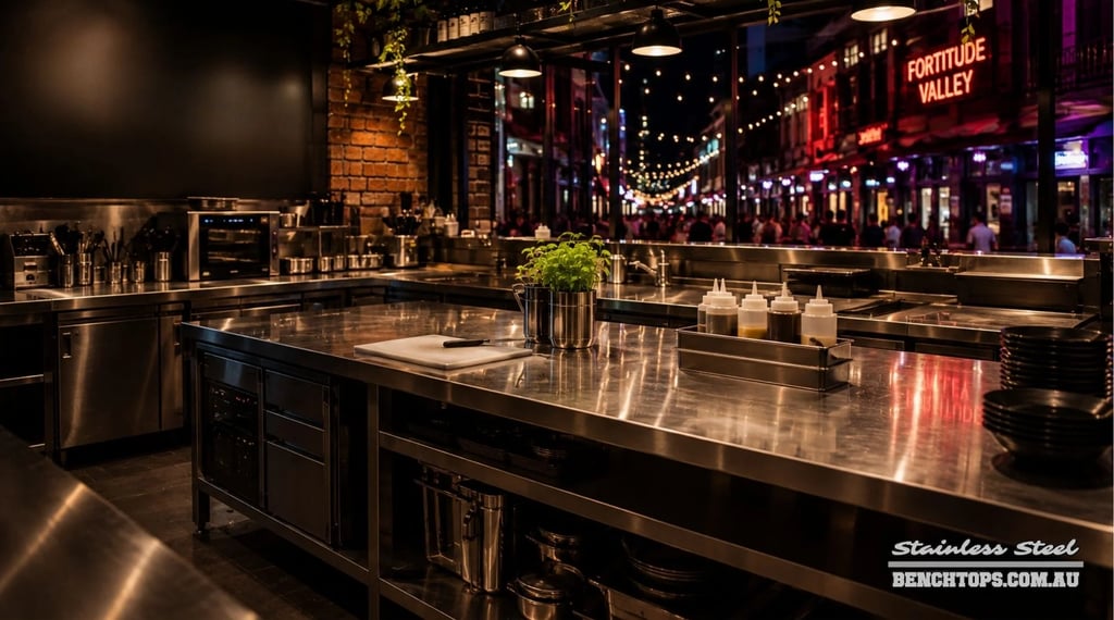Professional restaurant prep area with a heavy-duty stainless steel bench Fortitude Valley.