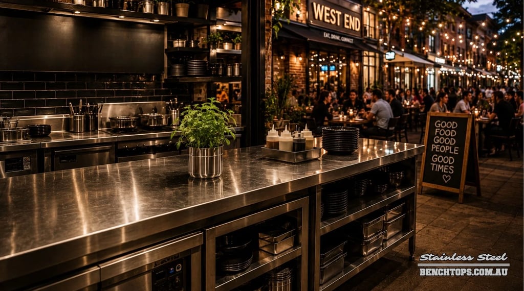Professional restaurant prep area with a heavy-duty stainless steel bench West End.
