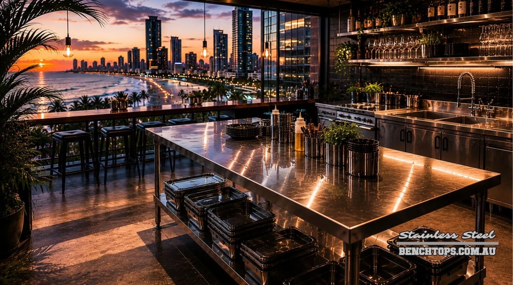 Freestanding workspace table and stainless steel bench Surfers Paradise at sunset.