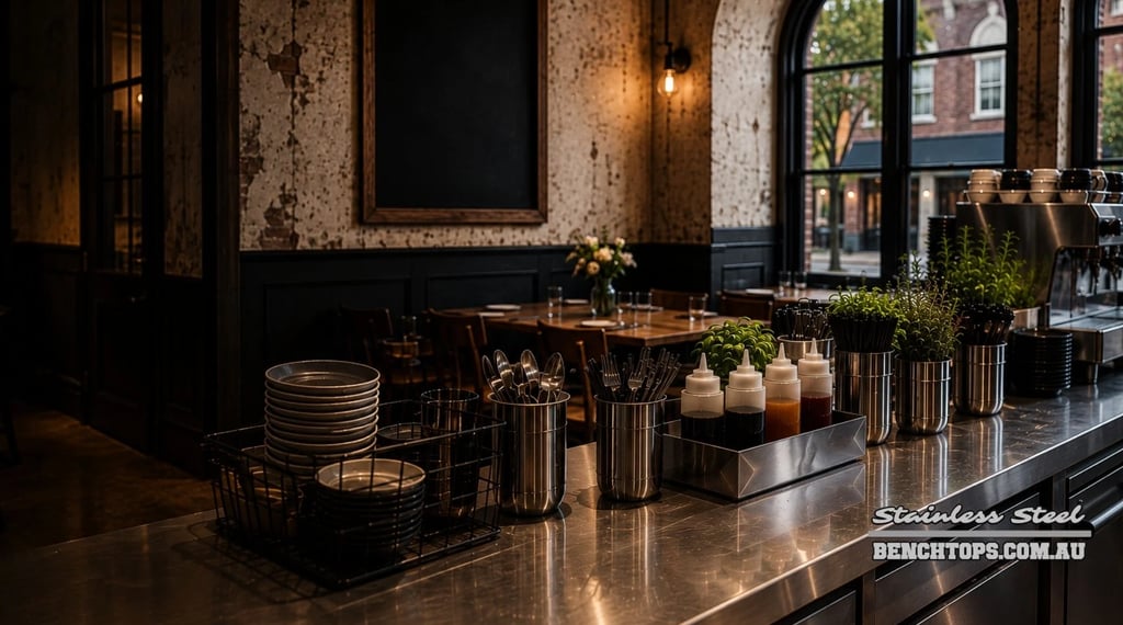 Commercial cafe counter layout showcasing a stainless steel benchtop Kingston.