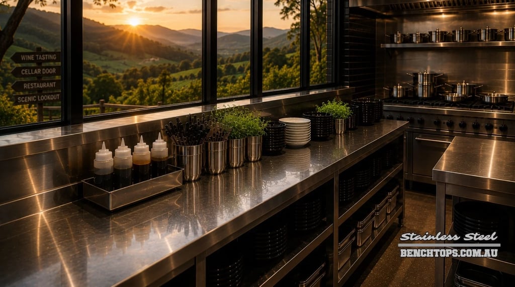 Open-air restaurant workspace featuring a stainless steel benchtop Mount Tamborine at sunset.