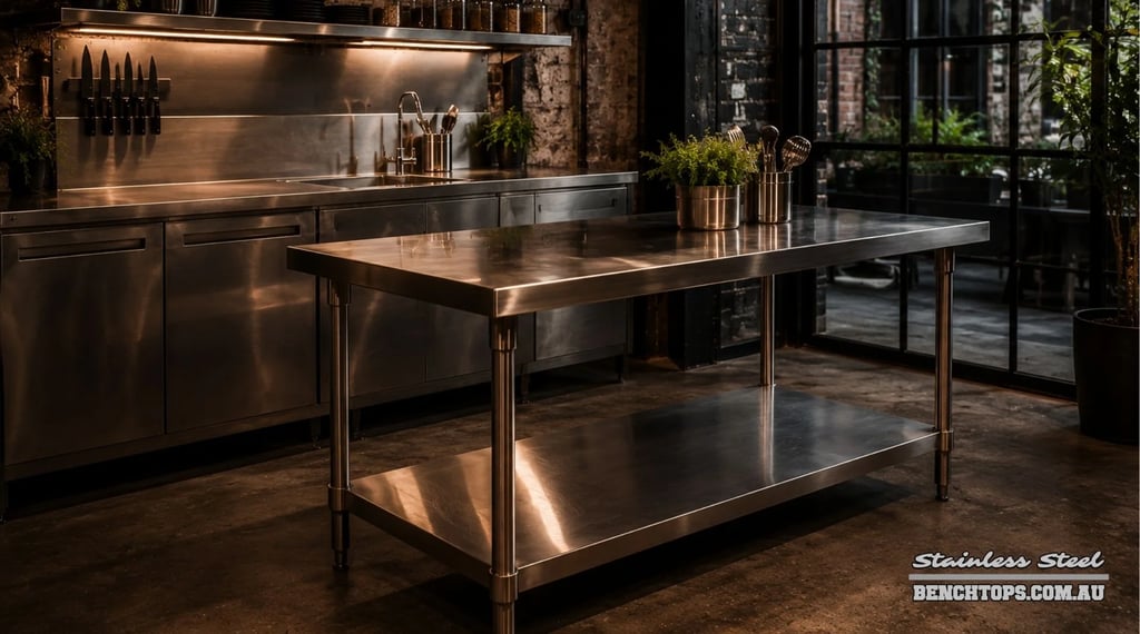Freestanding workspace island and stainless steel bench Marrickville with undershelf.