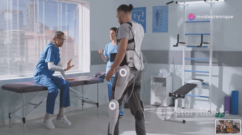 hombre en una consulta con doctores vistiendo un exoesqueleto inteligente médico