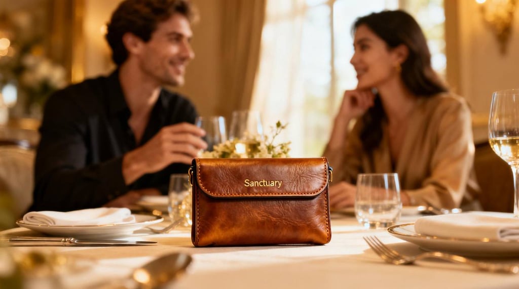A "Sanctuary" pouch holding phones on a dinner table, allowing for an undisturbed moment.