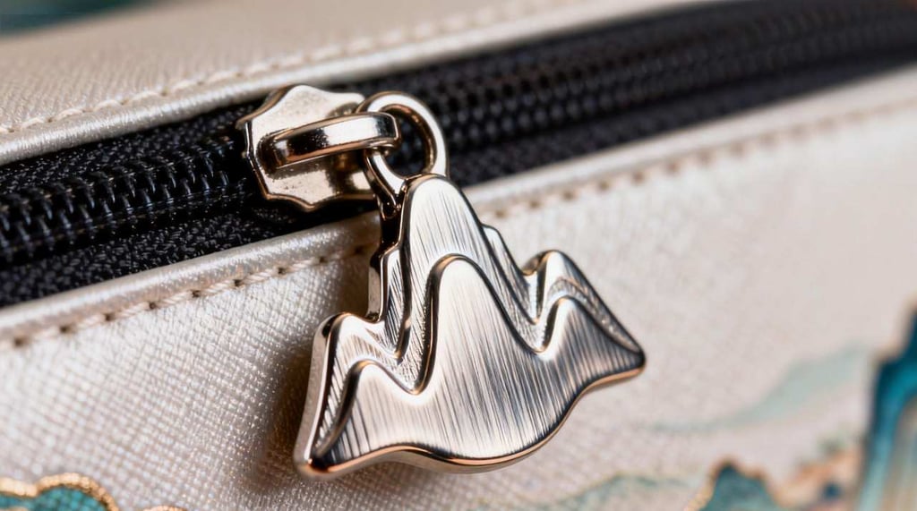 The custom zipper pull of the "Splendid Rivers" pouch, shaped like an abstract mountain peak.