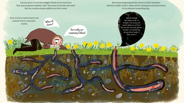 Charles Darwin looking at worms. They are underground in their burrows.