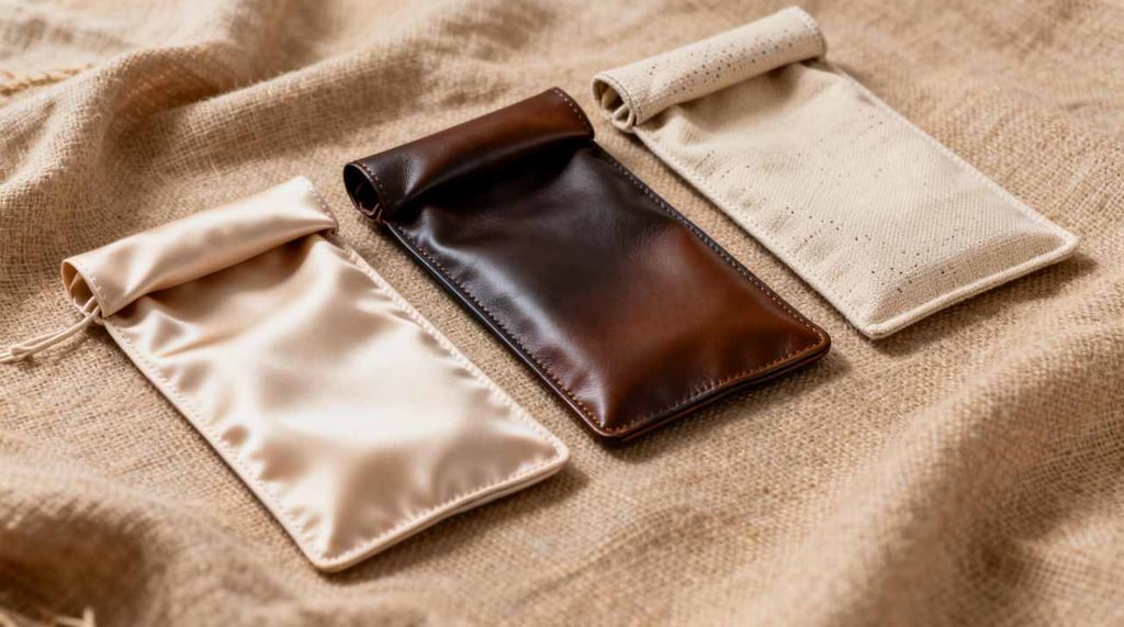 Three "Sanctuary" pouches in different materials: silk, leather, and canvas.