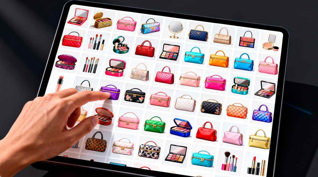 A tablet screen showing a grid of multiple AI-generated cosmetic pouch designs.