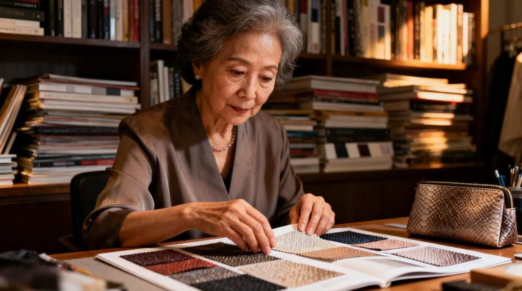 The human element: an experienced designer inspecting fabric and material swatches.