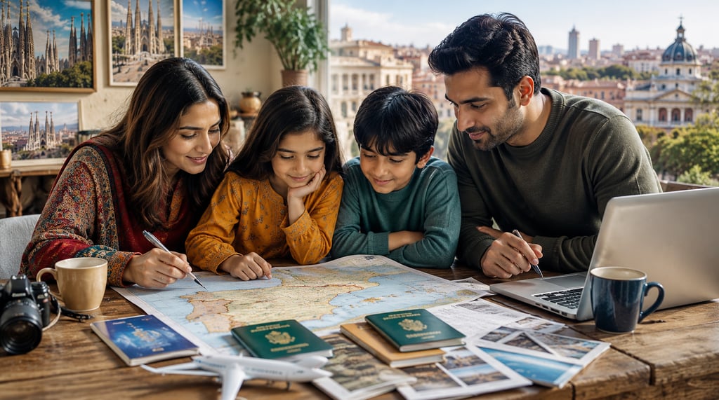 Pakistani family planning a Spain vacation with passports, travel documents, laptop, map, and coffee