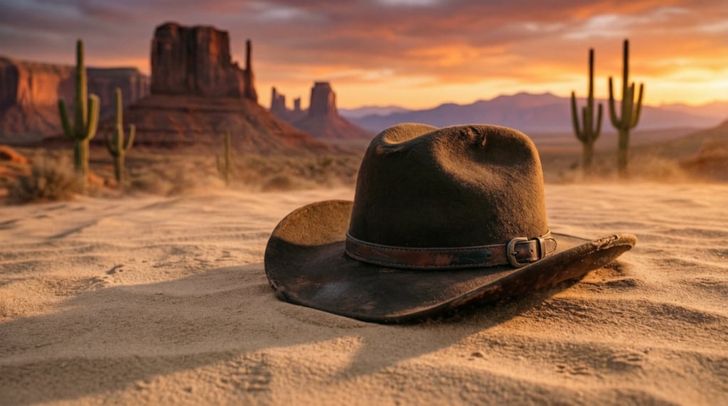 Chapeau de cowboy en feutre brun posé sur le sable rouge au coucher du soleil dans Monument Valley.