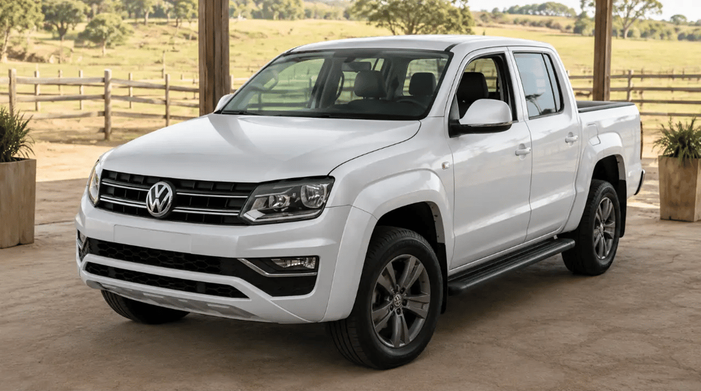 Amarok 4x4 diesel branca em showroom rural com campo ao fundo.