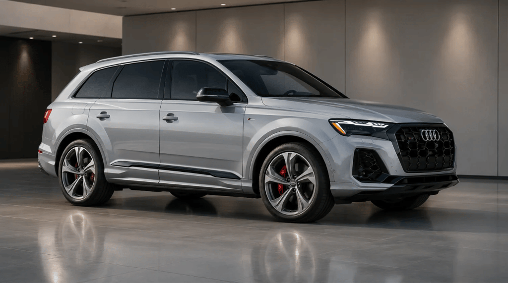 Audi Q7 2027 em showroom com novo visual e acabamento esportivo