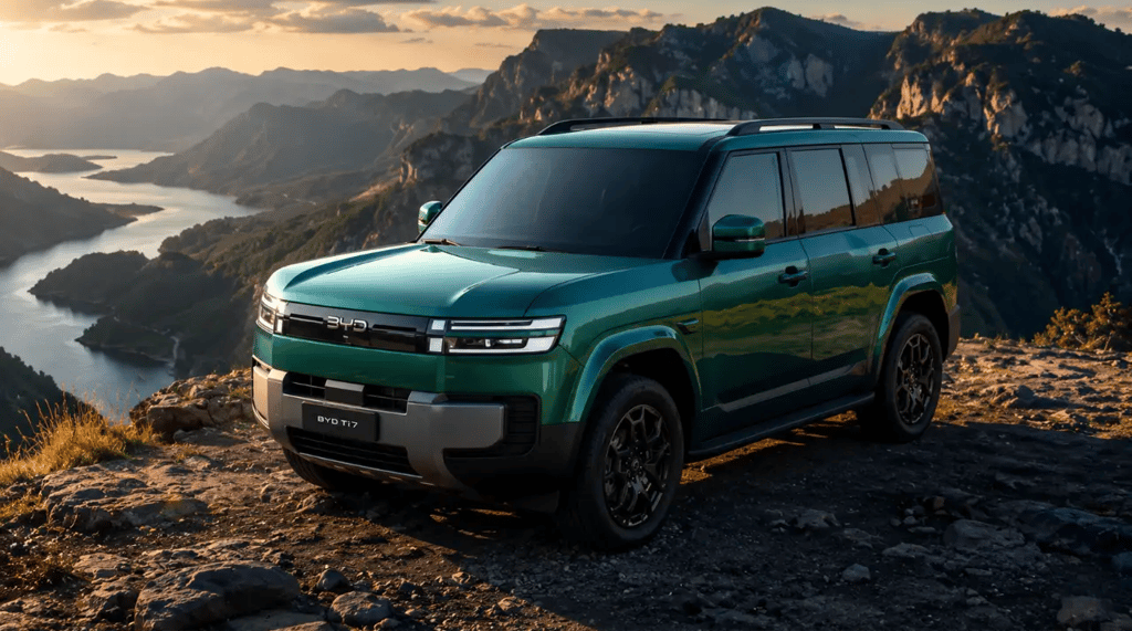 BYD Ti7 verde com visual robusto em estrada montanhosa ao pôr do sol