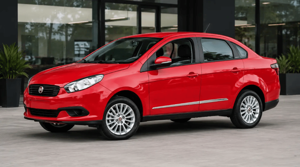 Fiat Grand Siena vermelho em ângulo 3/4 dianteiro em showroom externo moderno sem placa dianteira