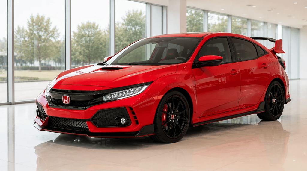Honda Civic vermelho exibido em showroom moderno com paredes de vidro e piso claro