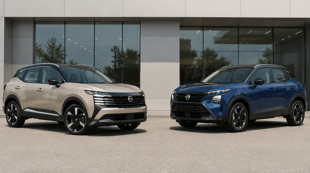 Nissan Kait e Novo Kicks frente a frente em showroom externo moderno para comparação