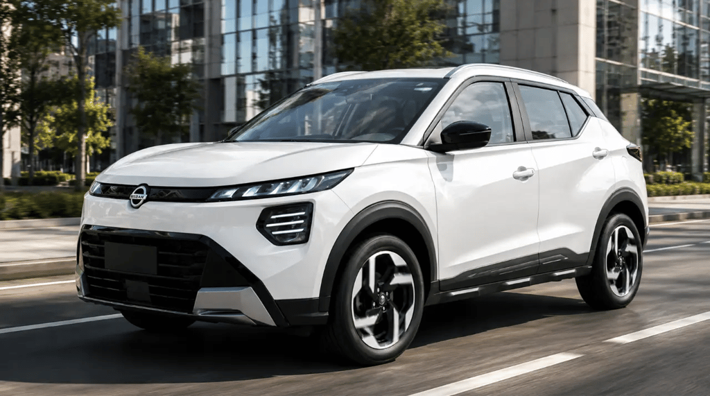 Nissan Kicks Advance branco em avenida urbana com prédios modernos ao fundo