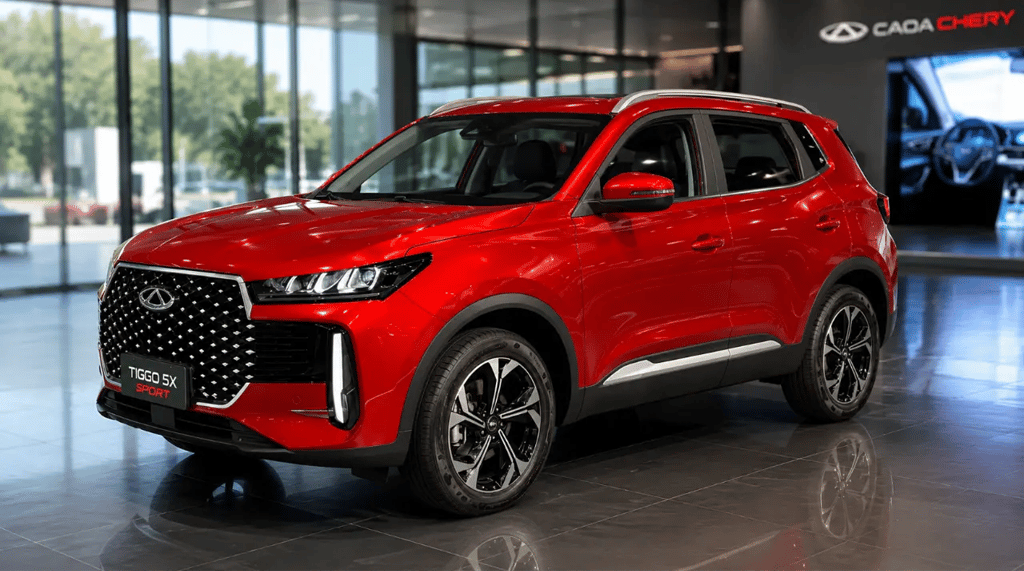 Caoa Chery Tiggo 5X Sport vermelho em exposição dentro de showroom moderno
