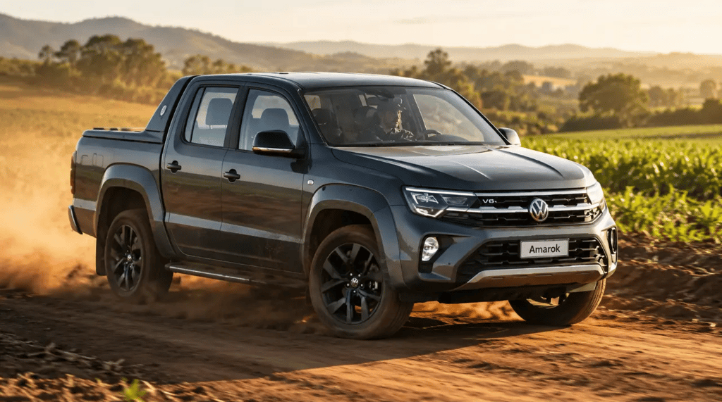 Volkswagen Amarok V6 em estrada de terra com paisagem rural ao fundo durante o pôr do sol
