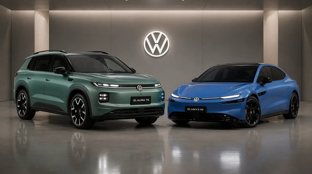 Volkswagen ID Aura T6 e ID Unyx 09 lado a lado em showroom moderno com design futurista