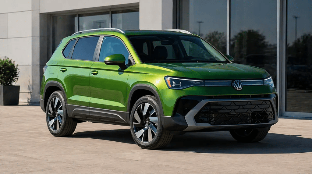 VW Taos 2025 verde em frente a showroom com design moderno em destaque