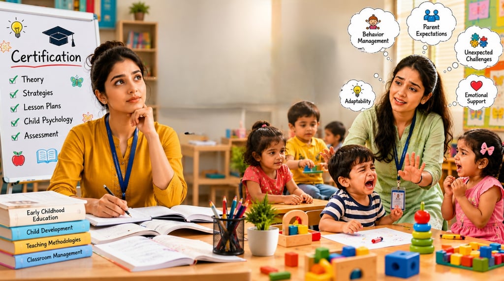 Early childhood educators balancing certification knowledge with real classroom teaching challenges 