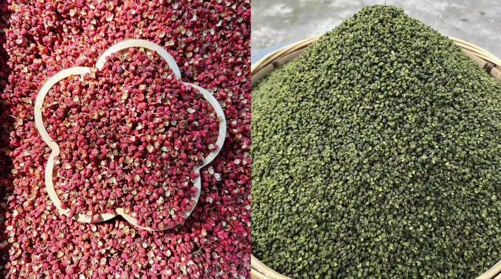 A side-by-side comparison of dried red Sichuan peppercorns and aromatic green peppercorns in woven baskets.