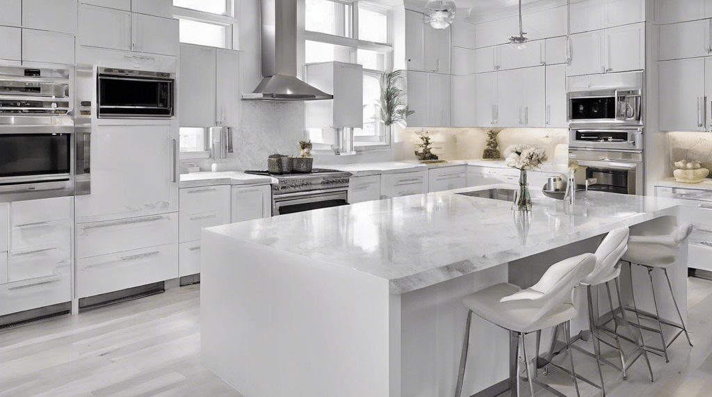 a kitchen with a large island and appliances