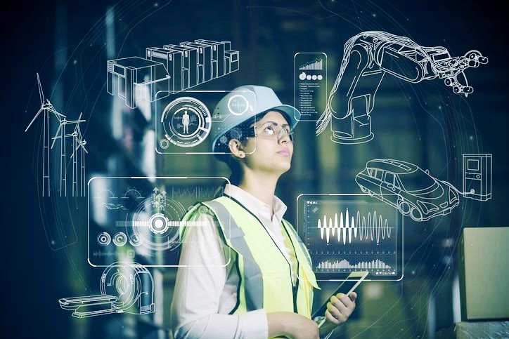 a woman in a safety vest and a laptop
