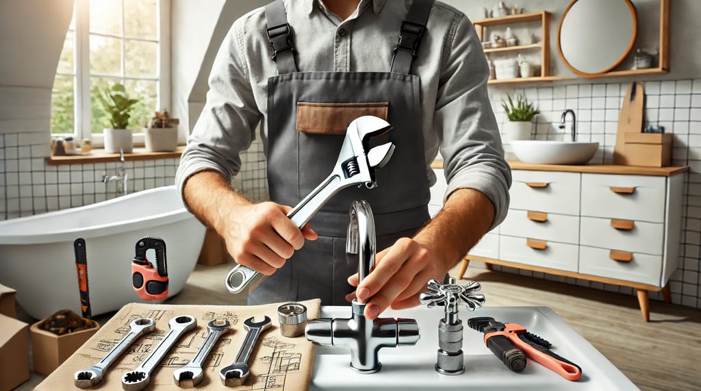A professional handyman in London fixing a leaky faucet in a bathroom with modern plumbing tools.