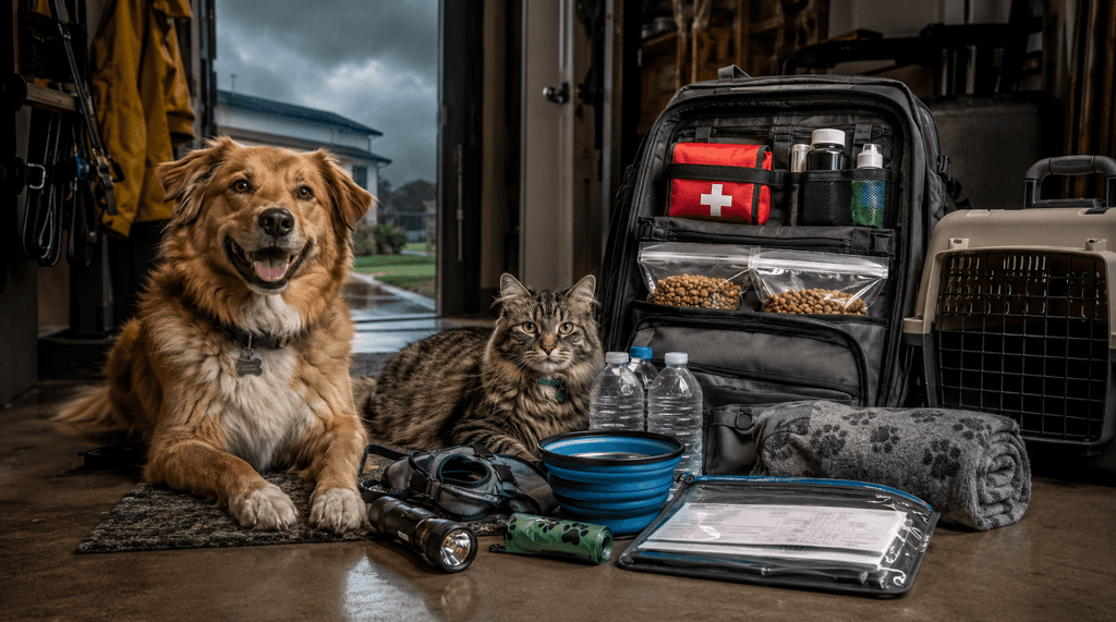 A golden dog and tabby cat sit next to a pet emergency survival kit with food, water, and first aid supplies.